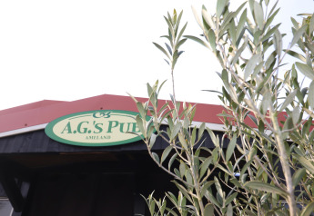 Letrero de A.G.'s Pub en una tienda safari de lujo en Ameland, Países Bajos, cubierto por ramas verdes.