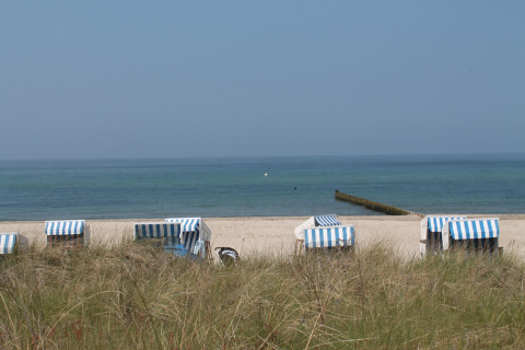 Sedie da spiaggia a righe blu e bianche a By Ostseebad Rerik, Germania, con vista sul Mar Baltico.