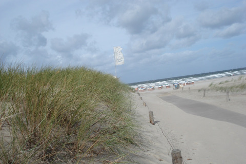 Zandstrand met duinen bij Ostseebad Rerik, Duitsland met strandstoelen en bewolkte zee in de achtergrond.