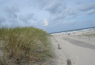 Zandstrand met duinen bij Ostseebad Rerik, Duitsland met strandstoelen en bewolkte zee in de achtergrond.