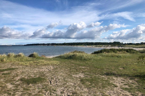 Vista sulla spiaggia e sul mare presso Ostseebad Rerik in Germania, con erba e cielo nuvoloso.