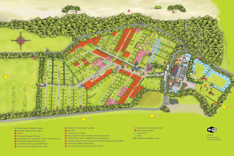 Mapa del parque recreativo Duinhoeve en Países Bajos con parcelas de camping, instalaciones y rutas a pie.