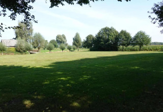 Vue d’un champ de verdure, d’arbres et d’une petite maison au parc Duinhoeve, aux Pays-Bas.