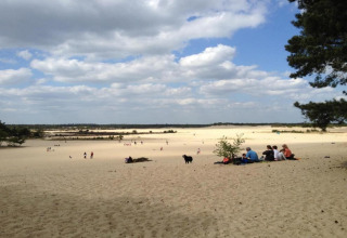 Vista de dunas de arena con gente relajándose, tomada en el parque de recreo Duinhoeve 7 en Países Bajos.
