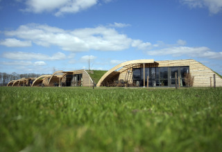 Foto di lodge moderni con facciate in legno e design curvo su un prato verde sotto il cielo azzurro.