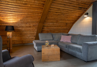 Hyggelig stue med skråt træloft, grå sofa og rustikke detaljer i Koe in de Kost 2 lodge i Holland.