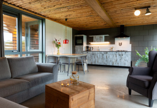 Moderne lodge-stue med åbent køkken og træloft på Koe in de Kost 2 i Holland, komfortabel indretning.