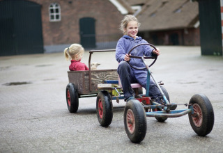 Due bambini giocano fuori in un lodge, uno guida un kart a pedali con rimorchio e l'altro siede dietro.