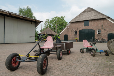 Go-kart a pedali con sedili rossi davanti a un edificio rurale olandese con tetto di paglia.