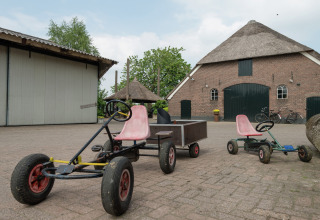Trapauto’s met rode stoelen geparkeerd op het erf van een Nederlandse lodge met rieten dak.