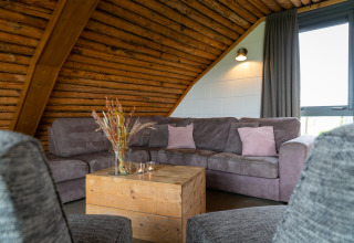 Soggiorno accogliente al lodge Koe in de Kost 3 nei Paesi Bassi con divano grigio e tavolo in legno.