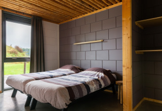 Camera moderna al lodge Koe in de Kost 3 nei Paesi Bassi con due letti singoli e vista sul verde.