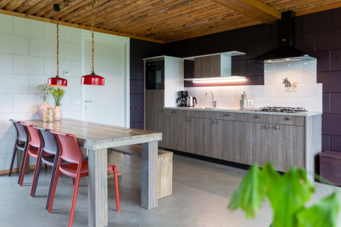 Cucina e sala da pranzo moderna con lampade rosse e soffitto rustico presso Koe in de Kost 3 nei Paesi Bassi.