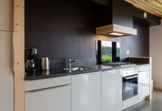 Moderne keuken in Koe in de Kost 4 lodge, Nederland, met oven, gaskookplaat en uitzicht op het groen.