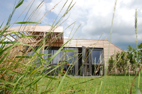 Houten lodge Koe in de Kost 4 in Nederland, gefotografeerd door hoog gras met wolkenlucht.