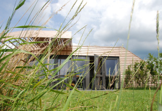 Houten lodge Koe in de Kost 4 in Nederland, gefotografeerd door hoog gras met wolkenlucht.