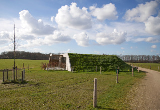 Met gras bedekte lodge 'Koe in de Kost 4' in Nederland, gelegen in open landschap met blauwe lucht.