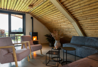 Woonkamer met houten plafond, haard, moderne meubels en grote ramen in lodge Koe in de Kost 4 in Nederland.