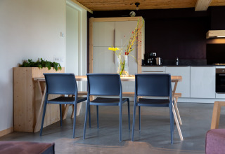 Moderne eetruimte en keuken in lodge Koe in de Kost 4 in Nederland met strak houten interieur en planten.
