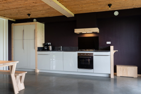Moderne lodgekeuken met houten plafond, witte kasten en donkere wand in Koe in de Kost 4 in Nederland.