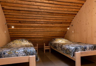 Twee eenpersoonsbedden met kleurrijke dekbedden in een knusse houten kamer van Koe in de Kost 4 in Nederland.