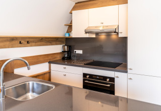 Modern kitchen at ’t Landgoed Baars 1 lodge in the Netherlands featuring stove, oven, and sink area.