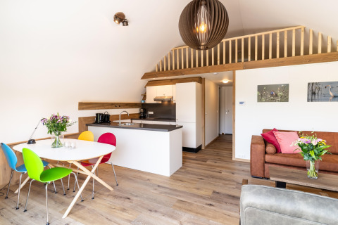 Bright interior of the 't Landgoed Baars 1 lodge in the Netherlands with colorful chairs and modern kitchen.