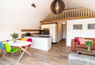 Bright interior of the 't Landgoed Baars 1 lodge in the Netherlands with colorful chairs and modern kitchen.