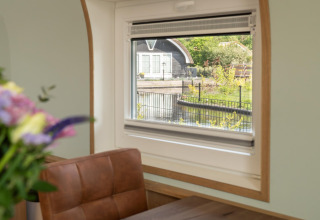 View from a window in a lodge at 't Landgoed Baars 1, Netherlands, with flowers and a brown chair.