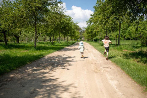 Two children running on a country road lined with trees at 't Landgoed Baars 1 in the Netherlands.