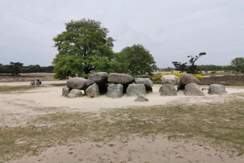 Stone formation at 't Landgoed Baars 1 in the Netherlands, surrounded by trees and sand in nature.