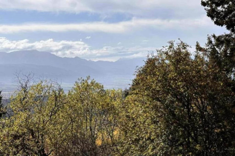 View of trees and mountains from the lodge 't Landgoed Baars 1 in the Netherlands on a partly cloudy day.