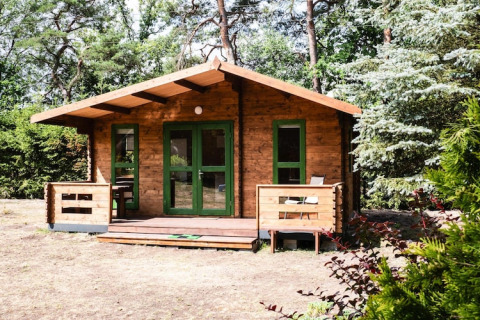 Maison de vacances nature Holiday homes Kodrabek-35 m², cabane en bois entourée d’arbres verts.