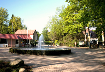 Eingangsbereich von Residence De Eese 3 in den Niederlanden mit Springbrunnen und viel Grün.
