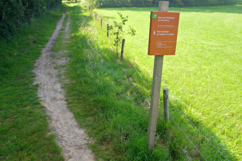 Pad naast grasveld met infobord bij lodge Kop van Overijssel De Woldberg op een zonnige dag.