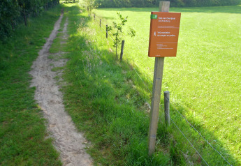 Wanderweg neben einer Wiese mit Infoschild bei der Lodge Kop van Overijssel De Woldberg bei Sonnenlicht.