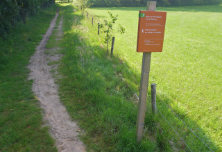 Pad naast een grasveld met informatiebord bij lodge Kop van Overijssel De Woldberg in het zonlicht.
