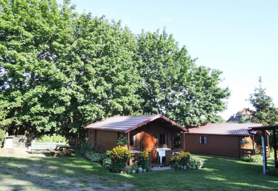 Accogliente bungalow in legno Bungalows Lubin Tipo A Jolanta, circondato da fiori e verde in una giornata soleggiata.