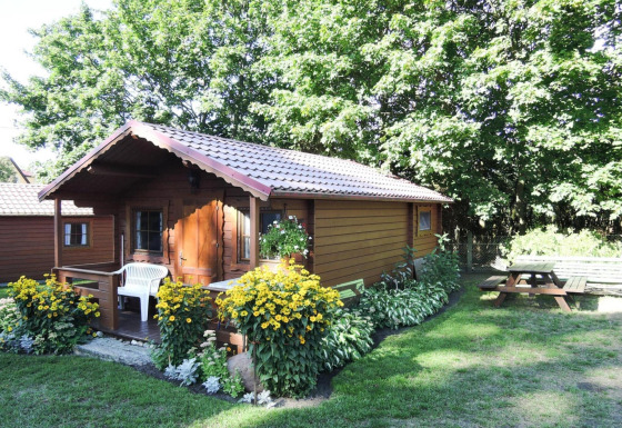 Photo d’un chalet en bois charmant, Bungalows Lubin-Type B (Henryk), entouré de fleurs et d’arbres verdoyants.