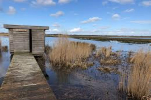 Small wooden hut on stilts with boardwalk over marsh grasses and water, taken at glamping accommodation.