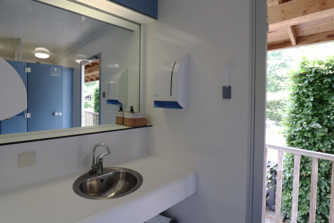 Modern glamping bathroom with a sink, mirror, soap dispensers, and view of lush greenery outside.
