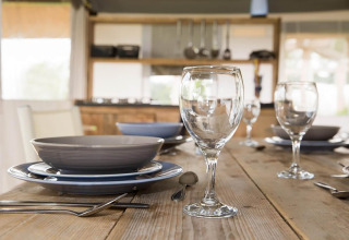 Table setting with plates, glasses and cutlery in Safari tent 'Noflik' in the Netherlands.