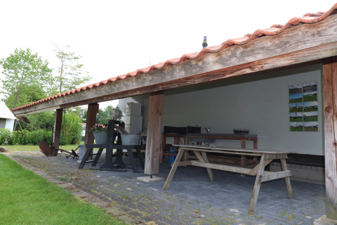 Overdekte buitenkeuken en picknicktafel bij een glampingaccommodatie met groene omgeving.