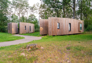 Et moderne mikrohjem lavet af træ ligger i en skovklædt natur omgivet af græs og træer.
