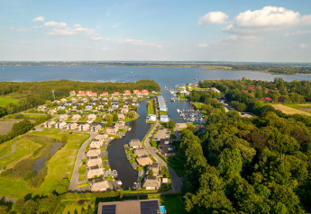 Aerial view of a scenic lakeside lodge, surrounded by cottages, lush greenery, and boats at a marina.