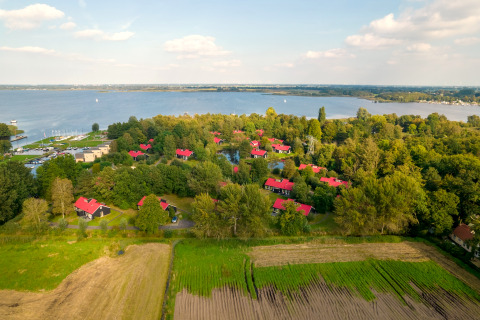 Vista aerea di un tranquillo lodge sul lago, circondato da alberi e campi, con casette dai tetti rossi.
