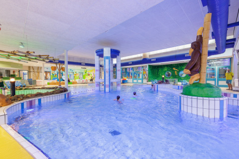 Piscina coperta con decorazioni a tema safari, figure di animali e murales colorati per bambini.