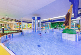 Indendørs swimmingpool med safaritema, udsmykket med dyrefigurer og farverige vægmalerier.