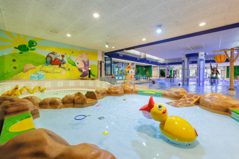Piscina coperta per bambini con animali colorati e murale, perfetta per giochi e divertimento acquatico.