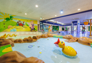 Piscina coperta per bambini con animali colorati e murale, perfetta per giochi e divertimento acquatico.